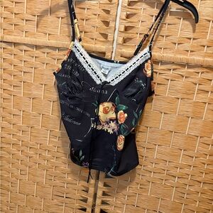 NWT UO Floral Lace Trim Black Cami Top